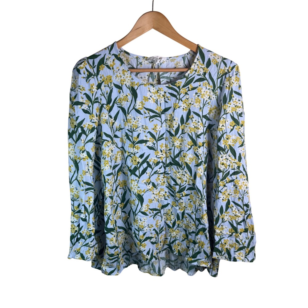 Pomander Place Floral Blouse Women XXL Blue Yellow Lily Cottagecore Garden Party